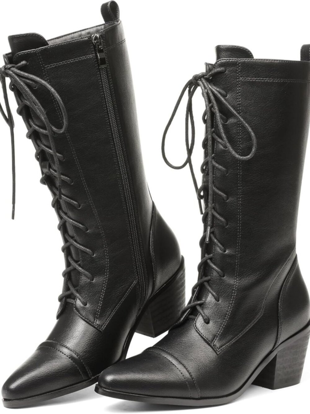 Stylish Black Mid Calf Lace-Up Chunky Heel Combat Boots for Dress & Casual Wear